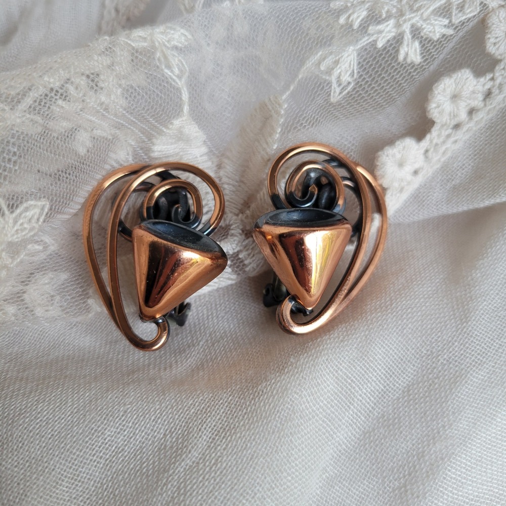 Vintage 1960s Copper Brooch Earrings Set MCM Atomic Mod Geometric - Picture 4 of 9